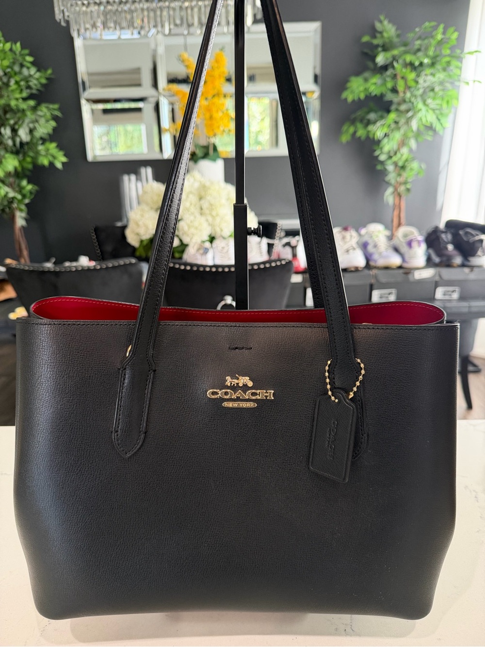 Coach Avenue Black Leather Tote with Red Interior - Coach New York